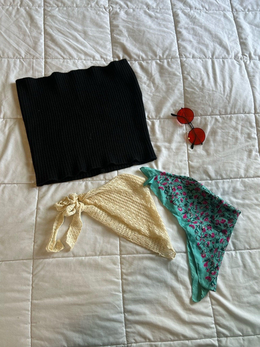 Black Knitted Scarf with Two Lightweight Scarves & Sunglasses